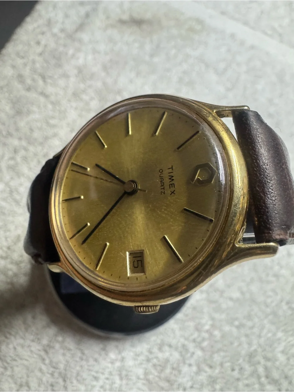 Timex Gold Dial Watch with Brown Leather Strap